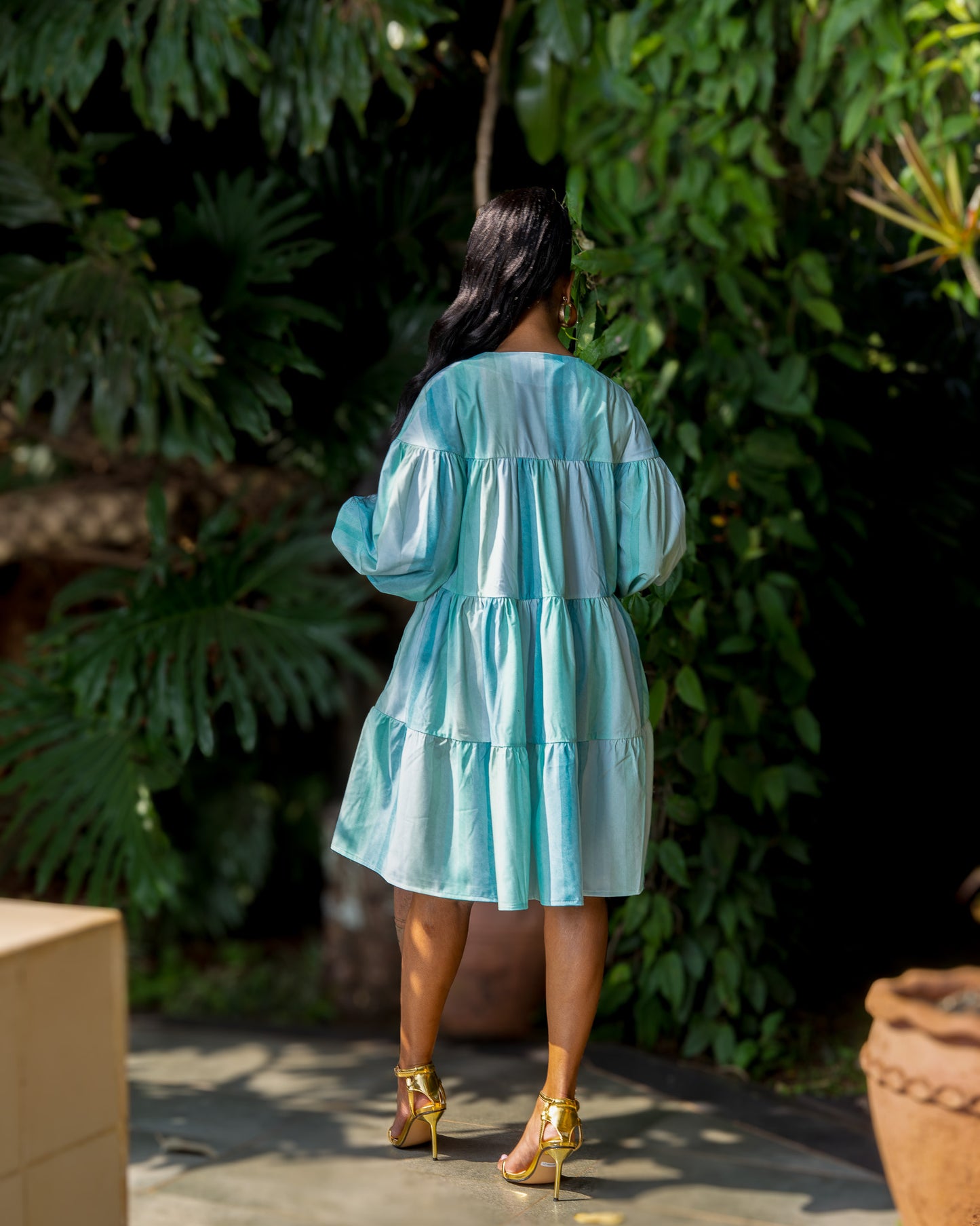 Tiered Balloon Sleeve Dress - Aqua