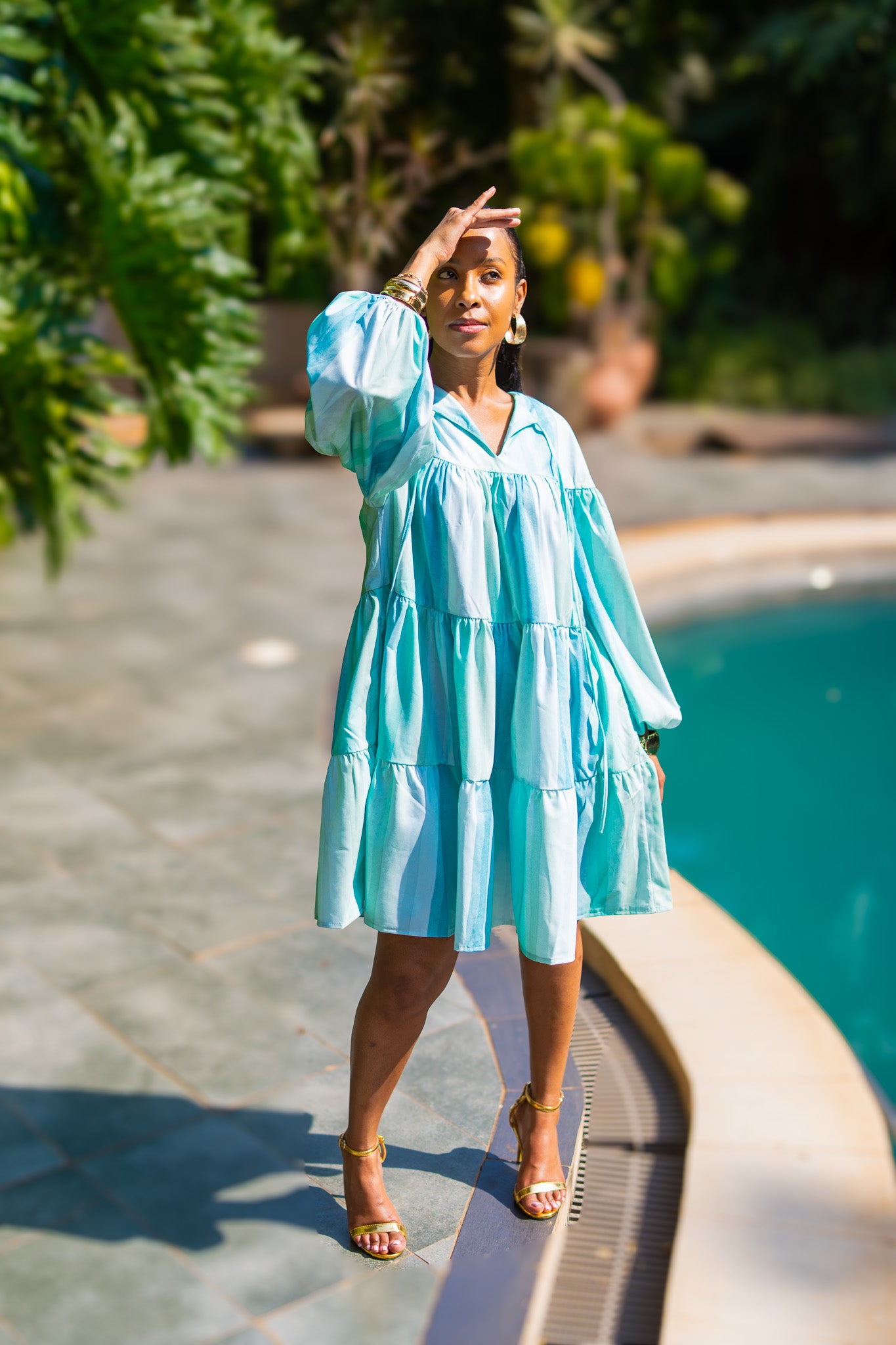 Tiered Balloon Sleeve Dress - Aqua