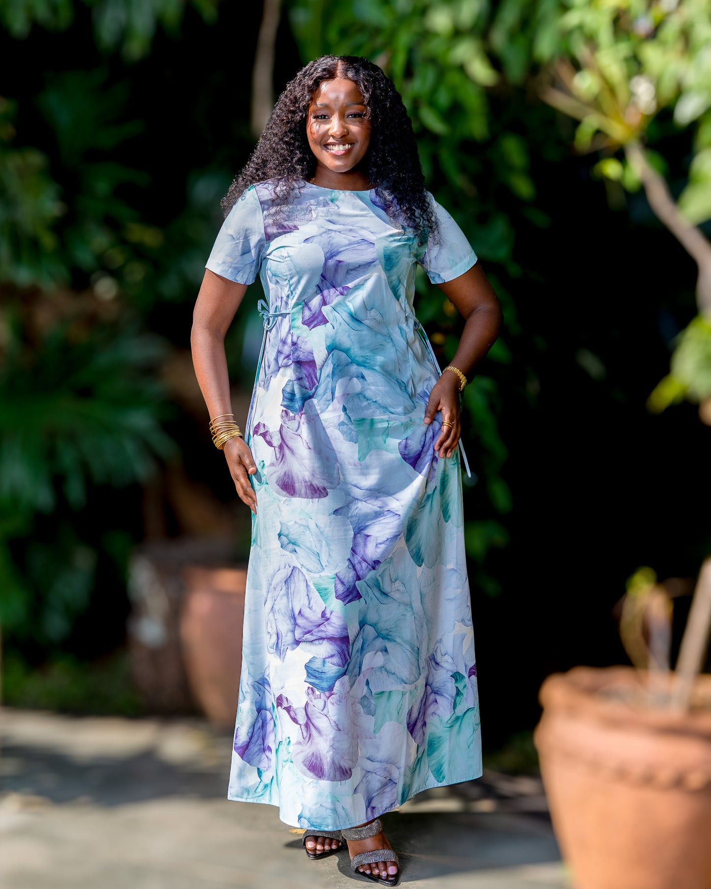 Short Sleeve Side Tie Maxi Dress - Lavender/Green