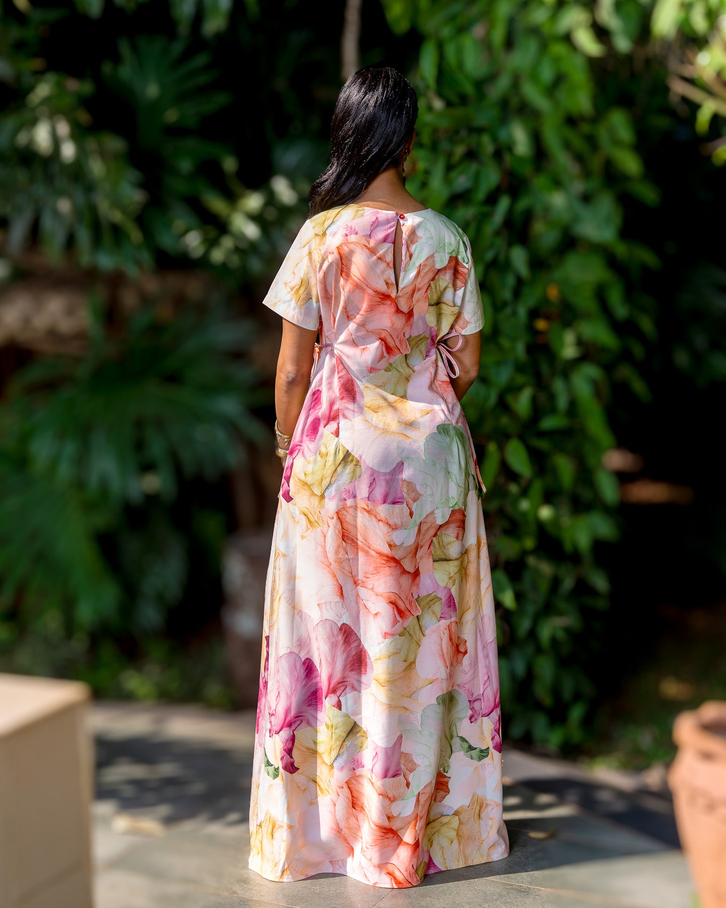 Short Sleeve Side Tie Maxi Dress - Peach