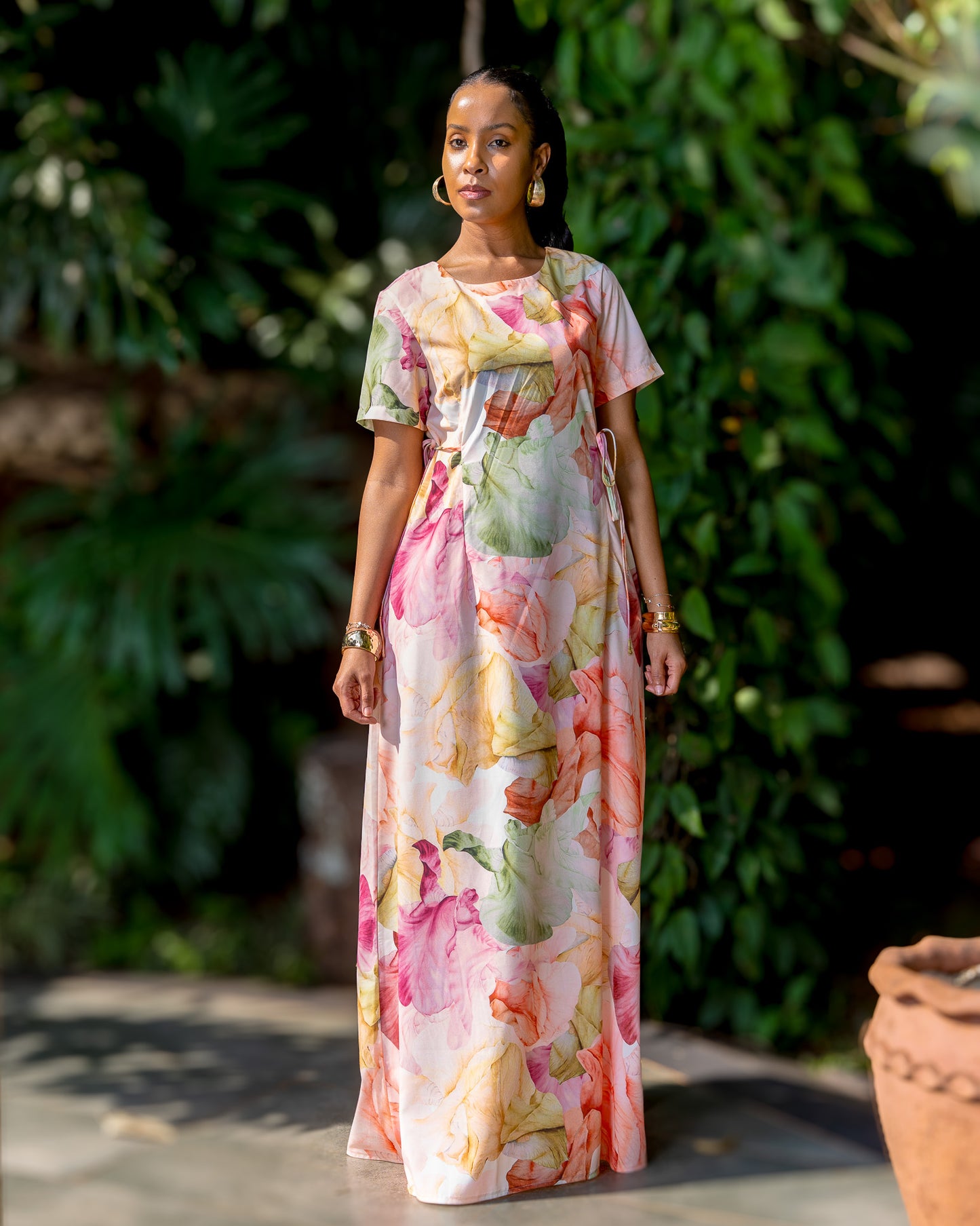 Short Sleeve Side Tie Maxi Dress - Peach