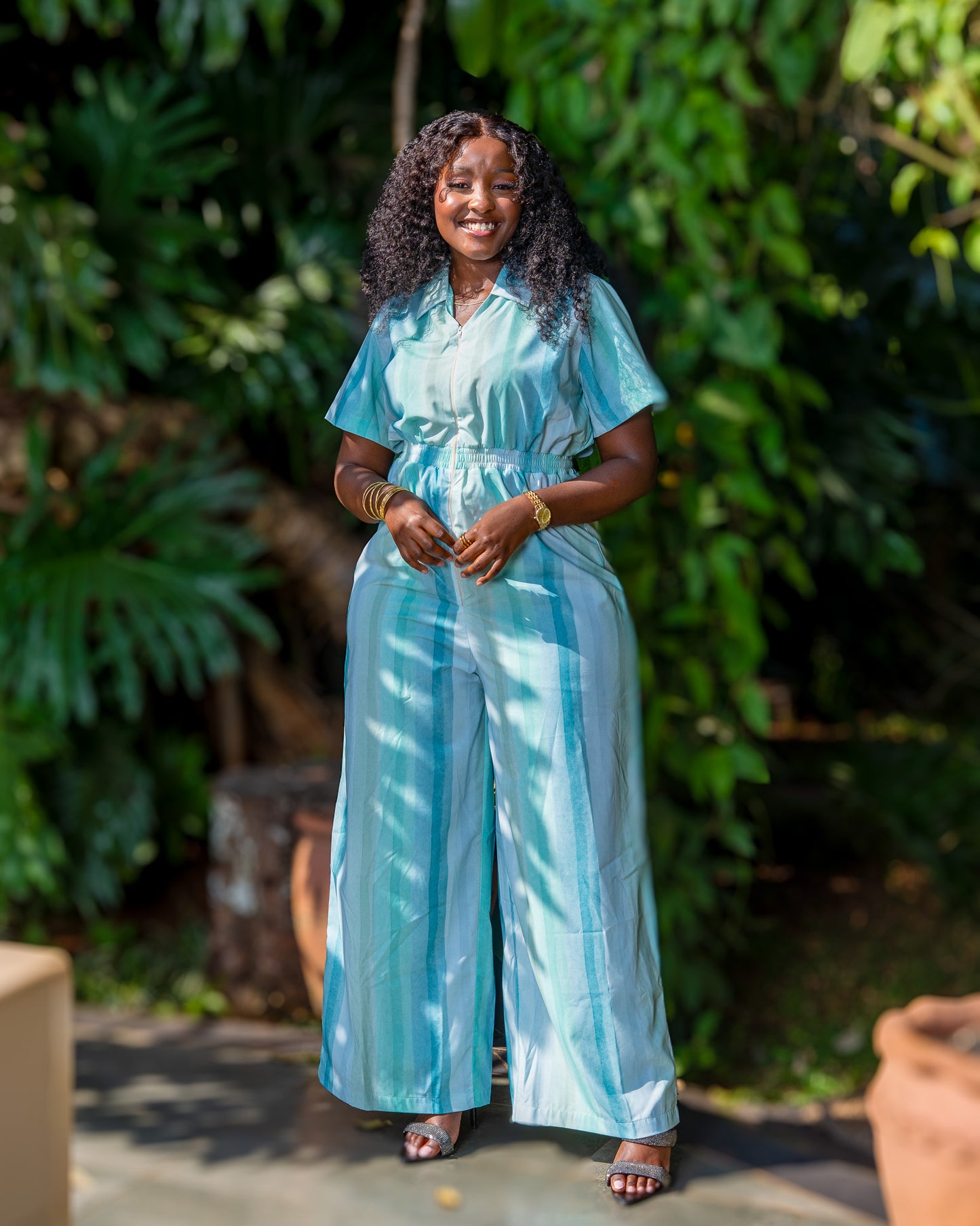Short Sleeve Zipped Jumpsuit - Aqua