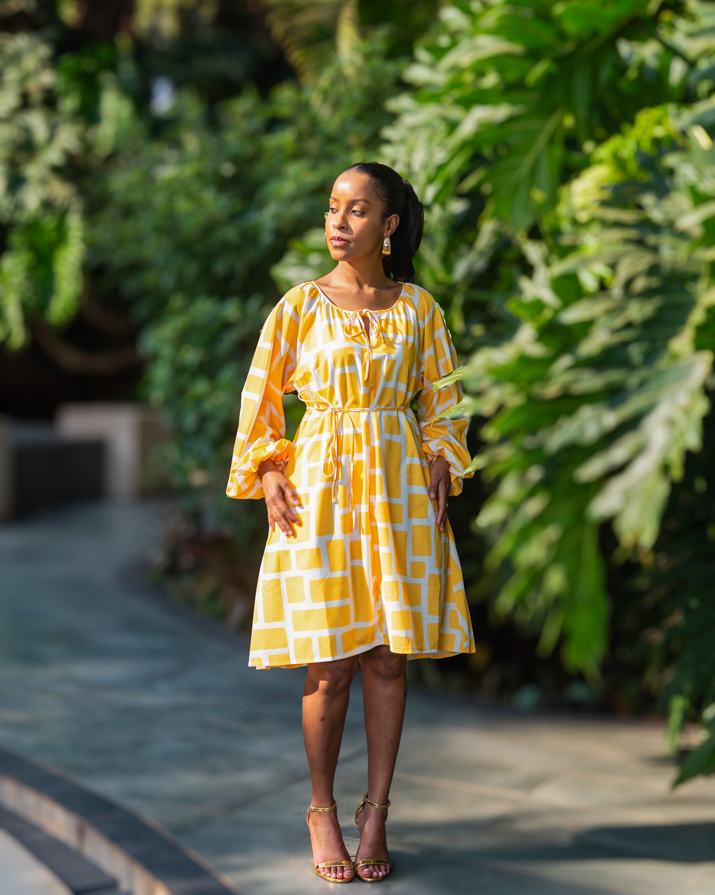 Balloon Sleeve High Low Short Dress – Yellow Mosaic