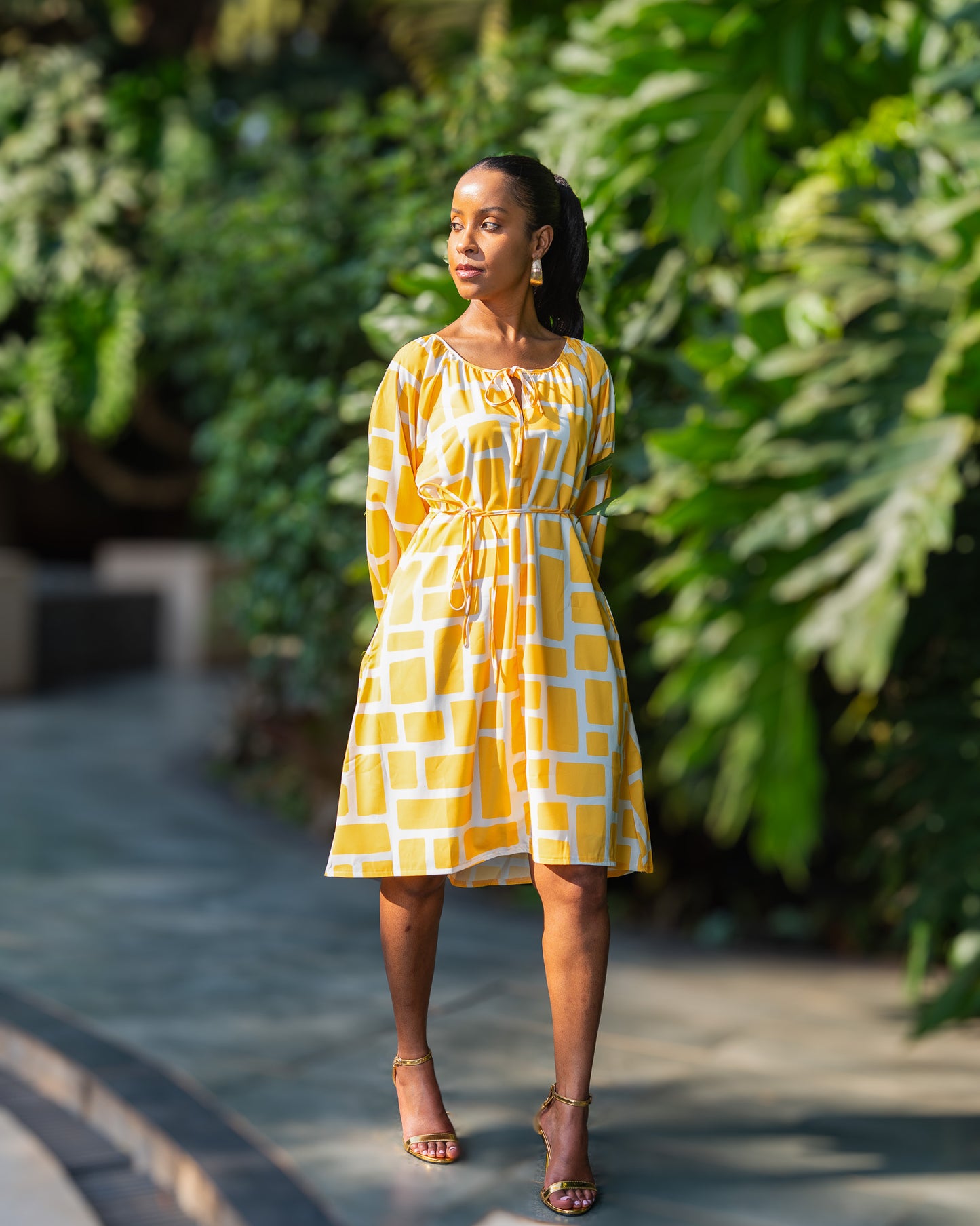 Balloon Sleeve High Low Short Dress – Yellow Mosaic