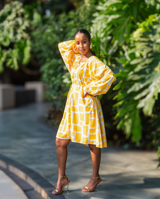 Balloon Sleeve High Low Short Dress – Yellow Mosaic
