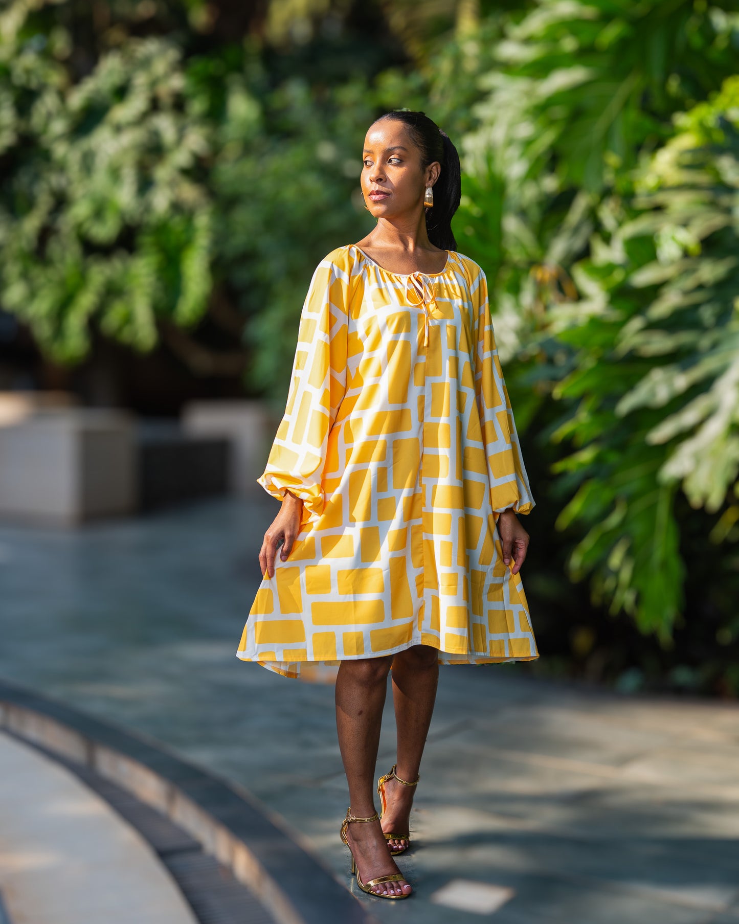 Balloon Sleeve High Low Short Dress – Yellow Mosaic