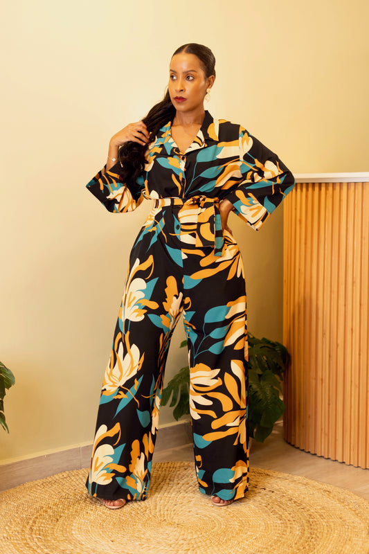 Wide Leg Belted Jumpsuit - Teal Floral