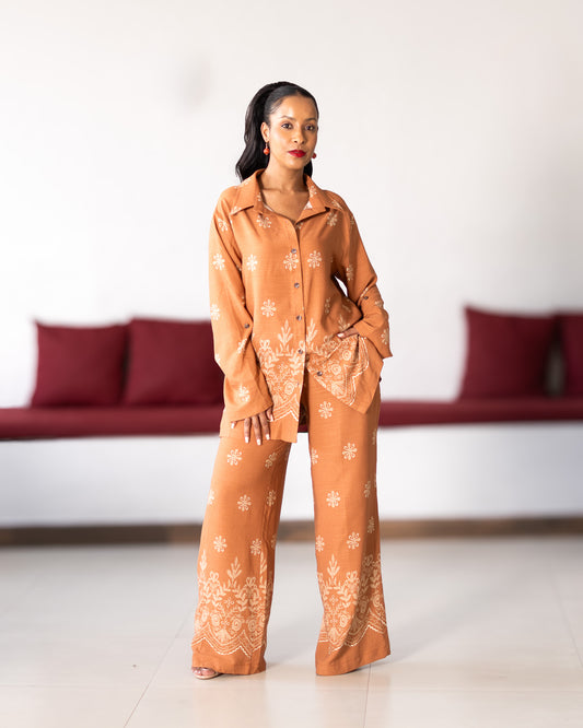 Relaxed Co-ord Set - Terracota Floral Border