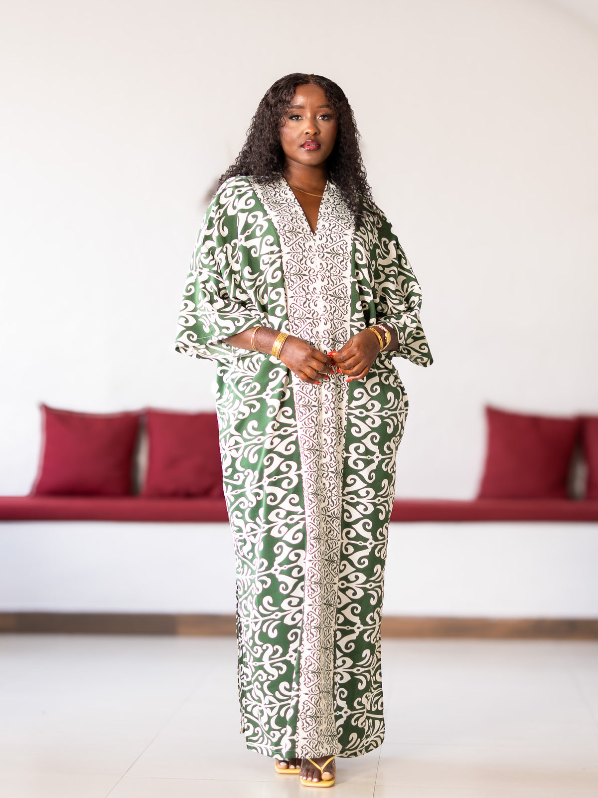 Damask Print Kaftan - Green