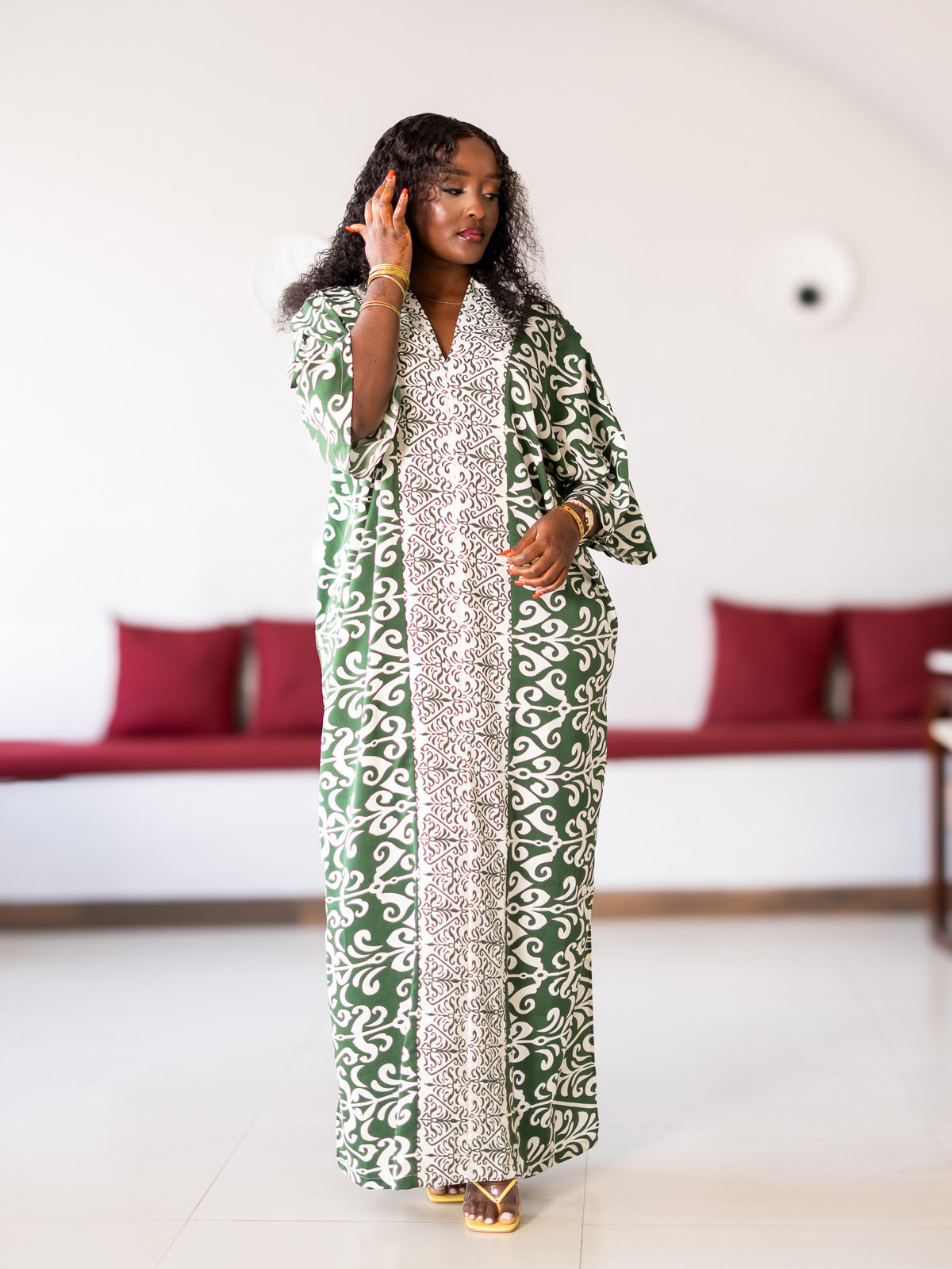 Damask Print Kaftan - Green