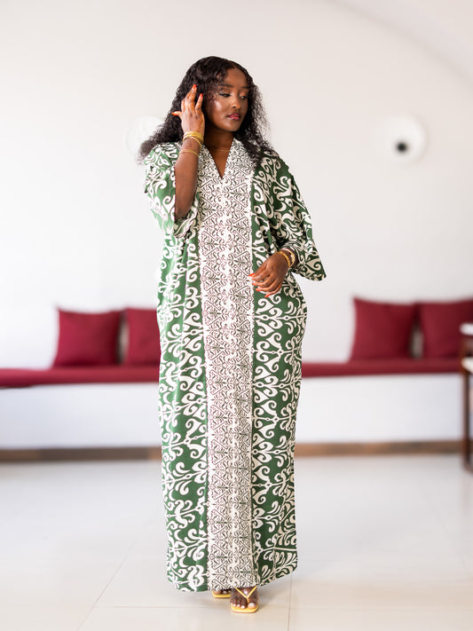 Damask Print Kaftan - Green