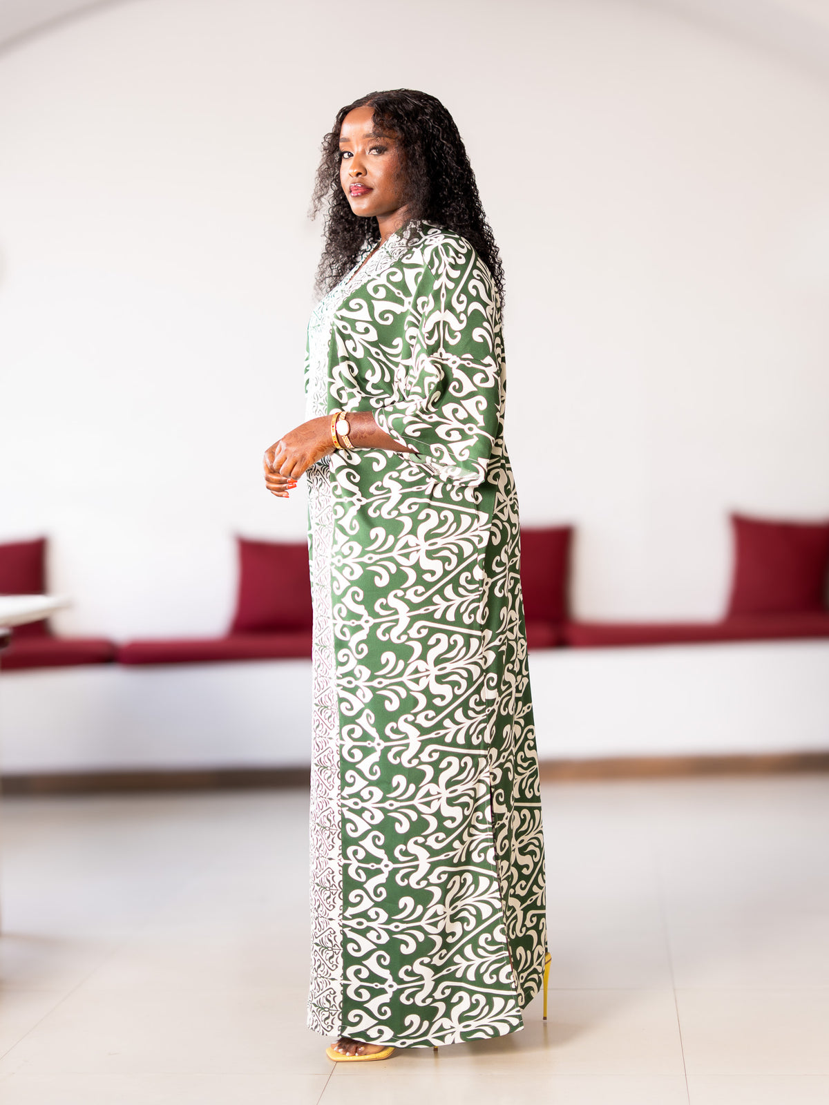 Damask Print Kaftan - Green
