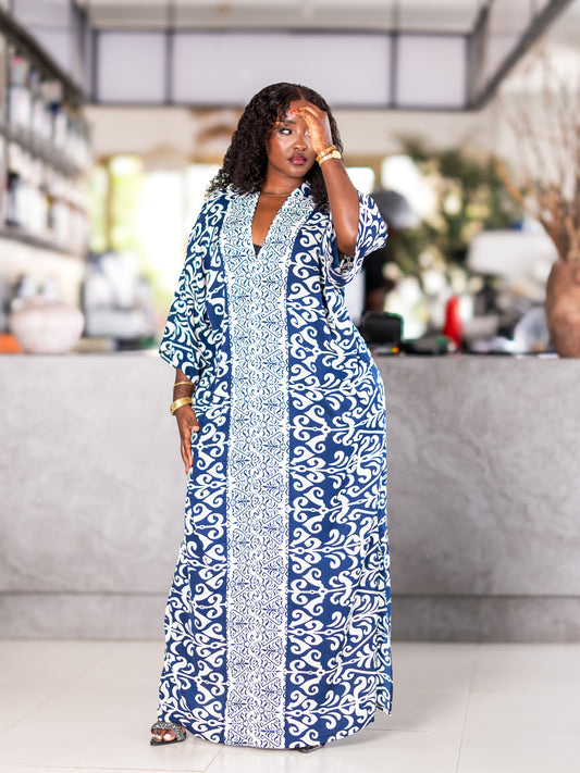 Damask Print Kaftan - Blue