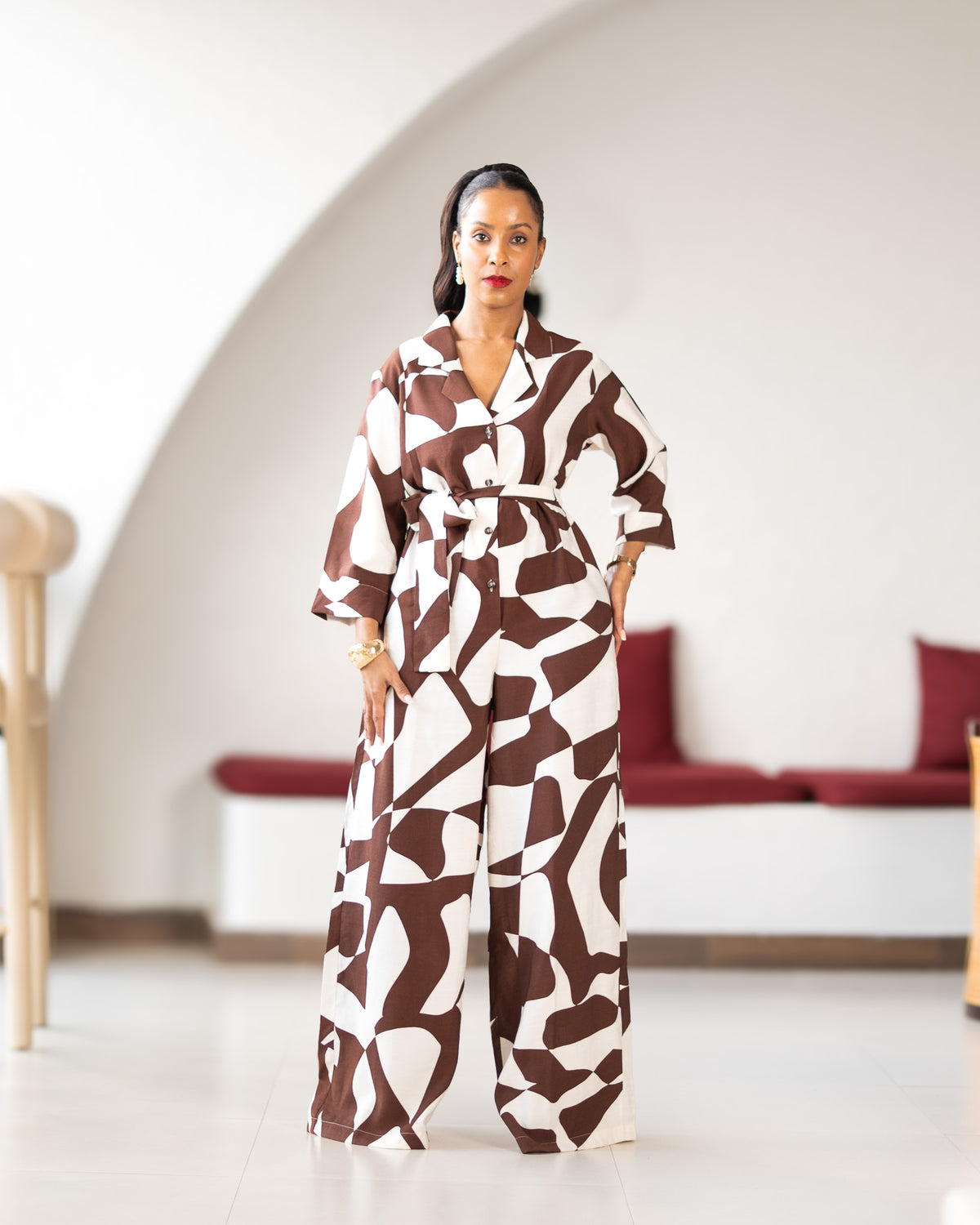 Wide Leg Belted Jumpsuit - Chocolate Brown Abstract