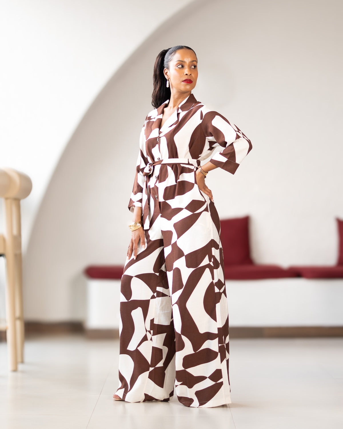 Wide Leg Belted Jumpsuit - Chocolate Brown Abstract
