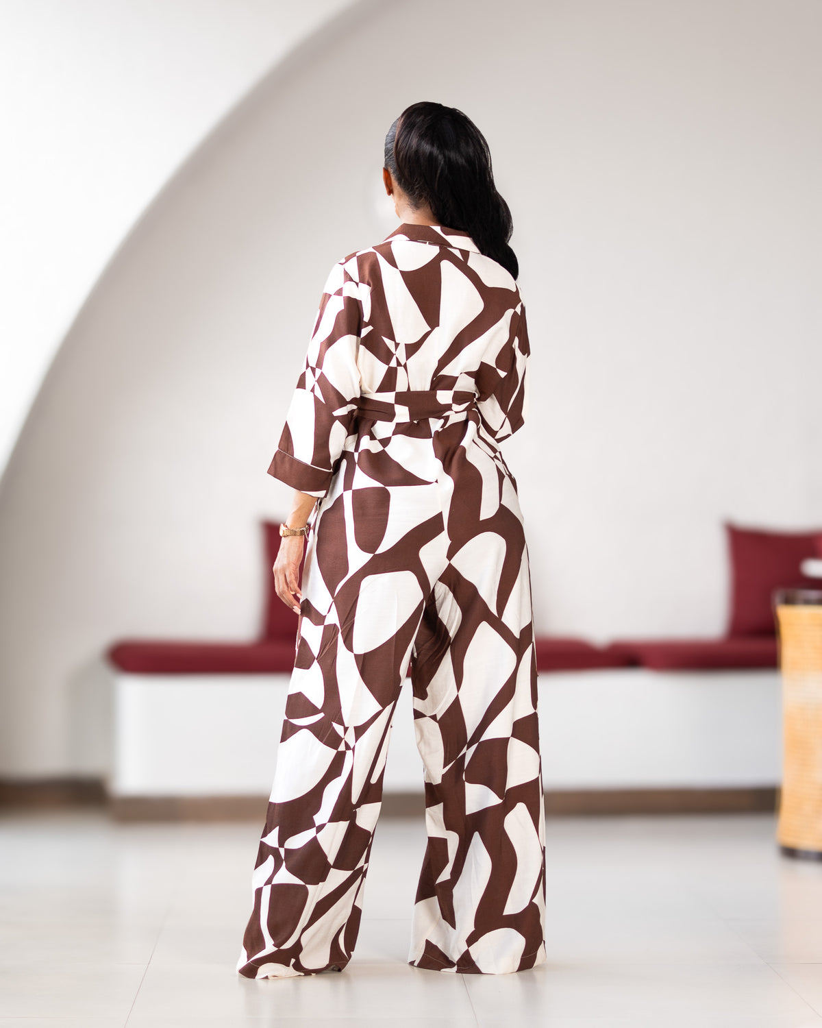 Wide Leg Belted Jumpsuit - Chocolate Brown Abstract