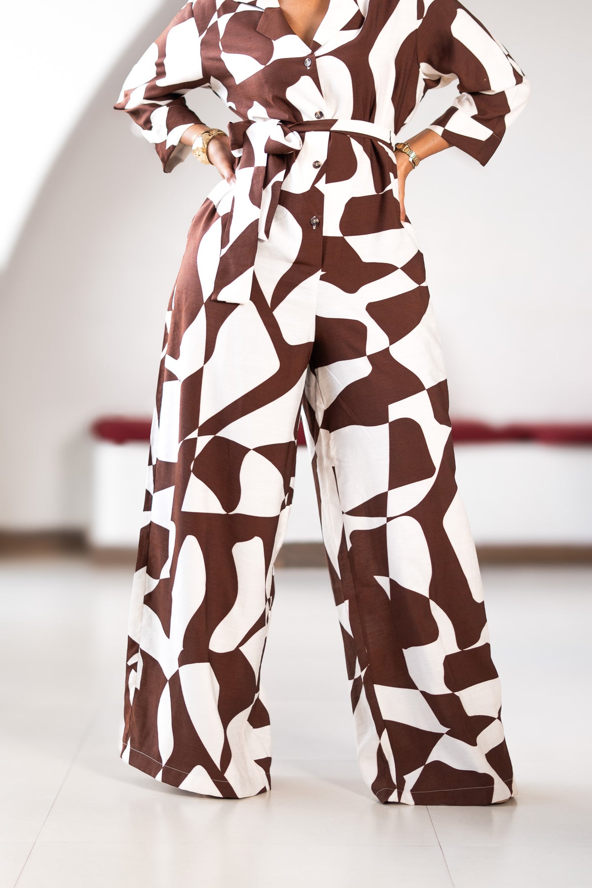 Wide Leg Belted Jumpsuit - Chocolate Brown Abstract