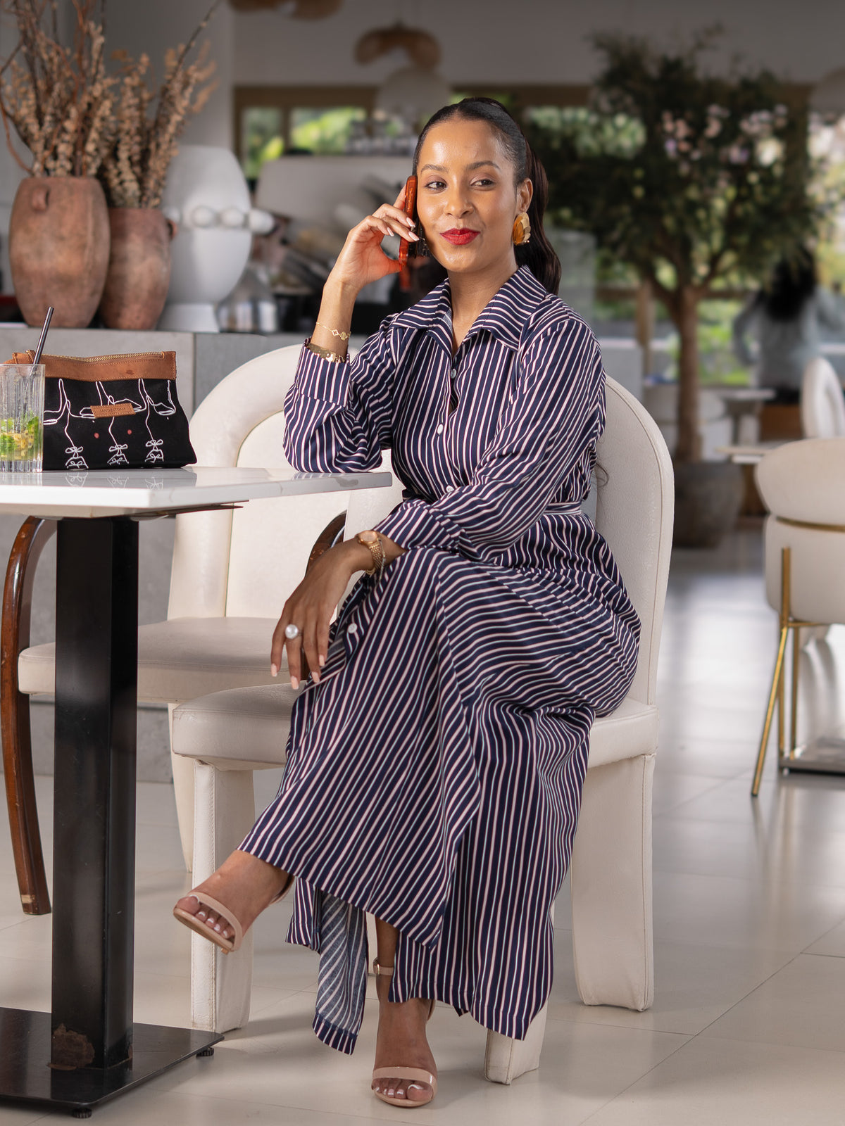 Belted Maxi Shirt Dress - Navy & Pink Stripe