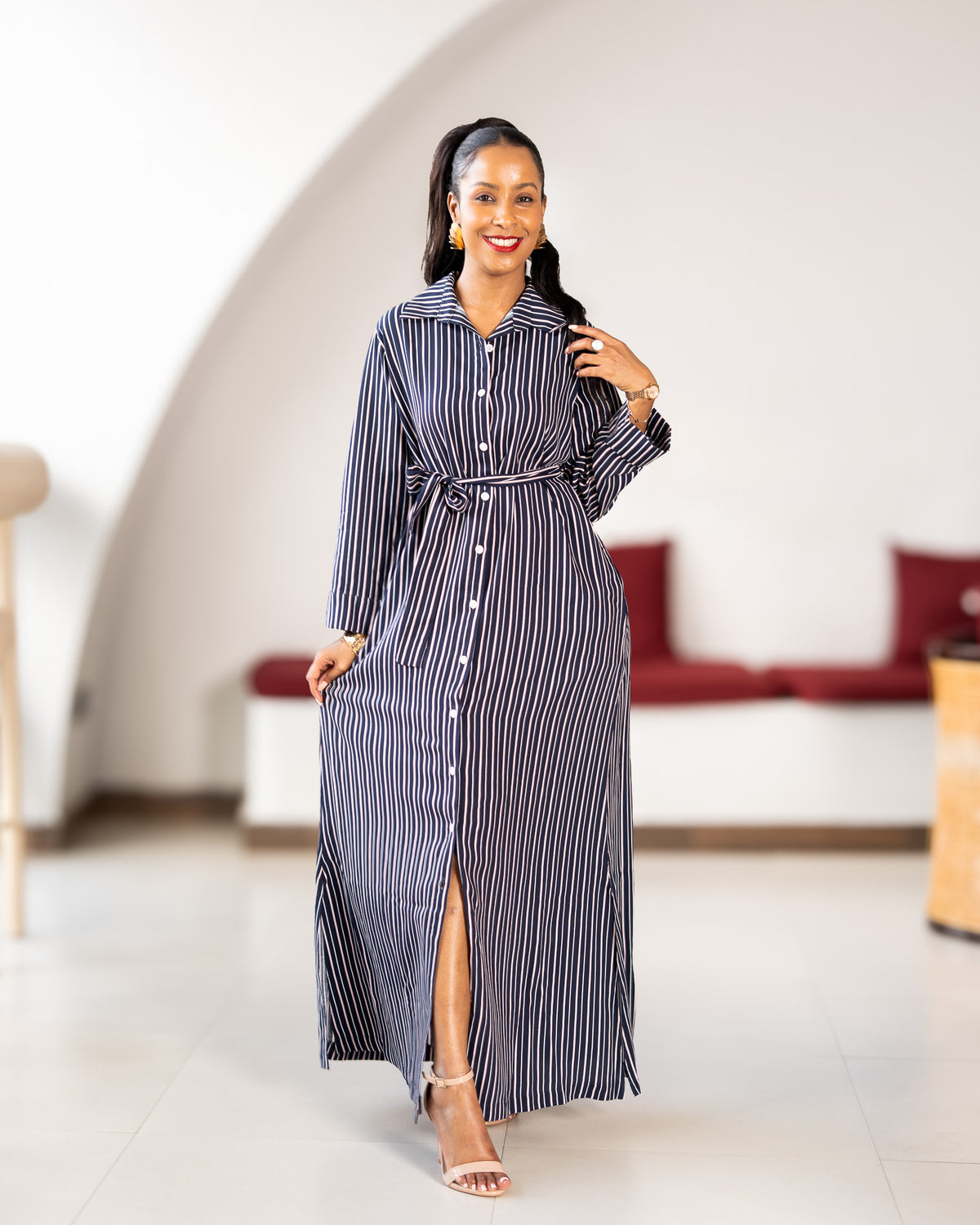 Belted Maxi Shirt Dress - Navy & Pink Stripe