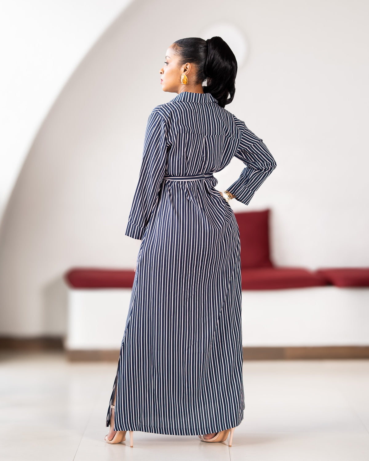 Belted Maxi Shirt Dress - Navy & Pink Stripe