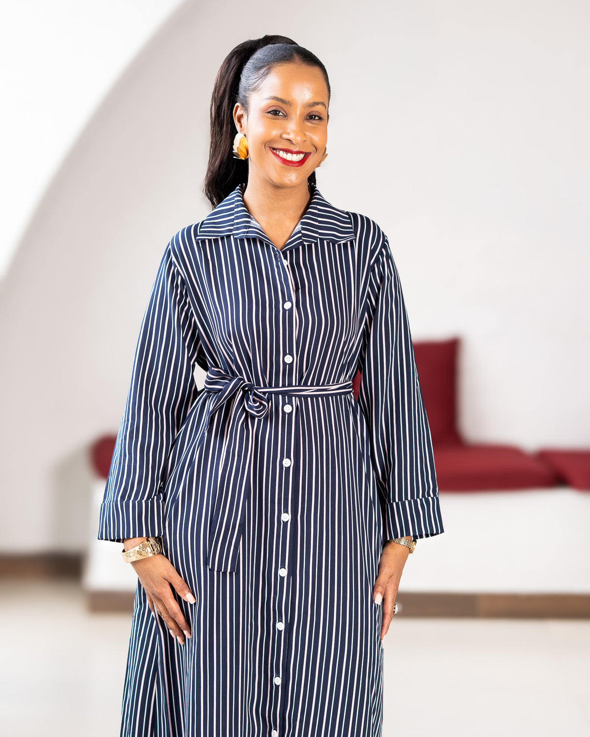 Belted Maxi Shirt Dress - Navy & Pink Stripe