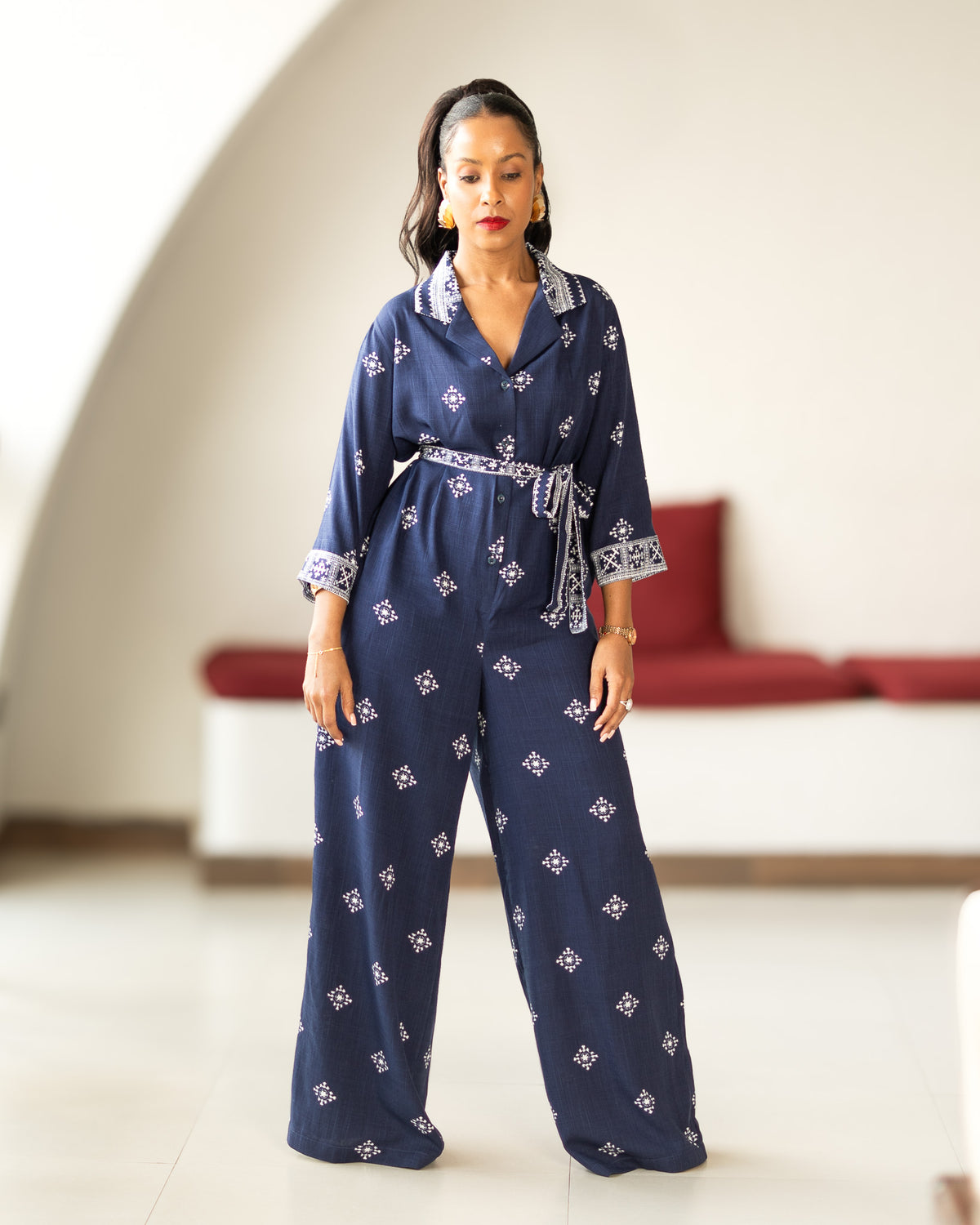 Wide Leg Belted Jumpsuit - Navy Medallion