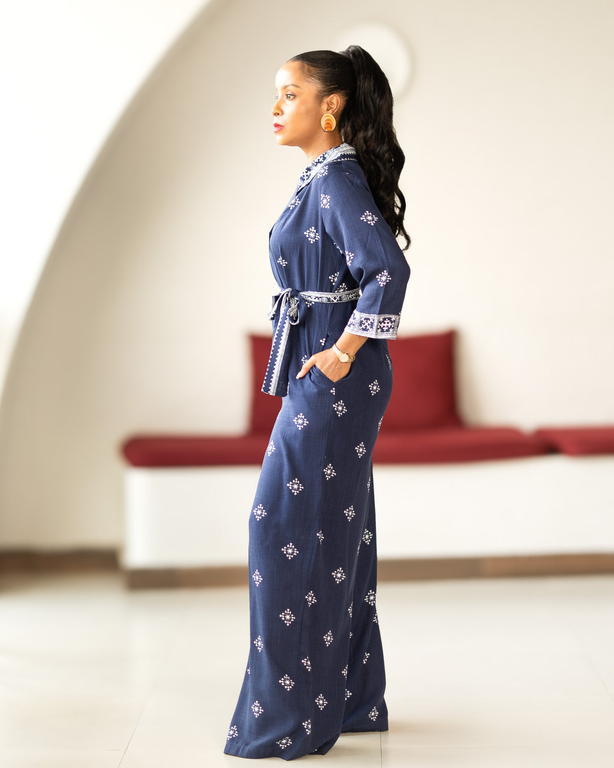Wide Leg Belted Jumpsuit - Navy Medallion