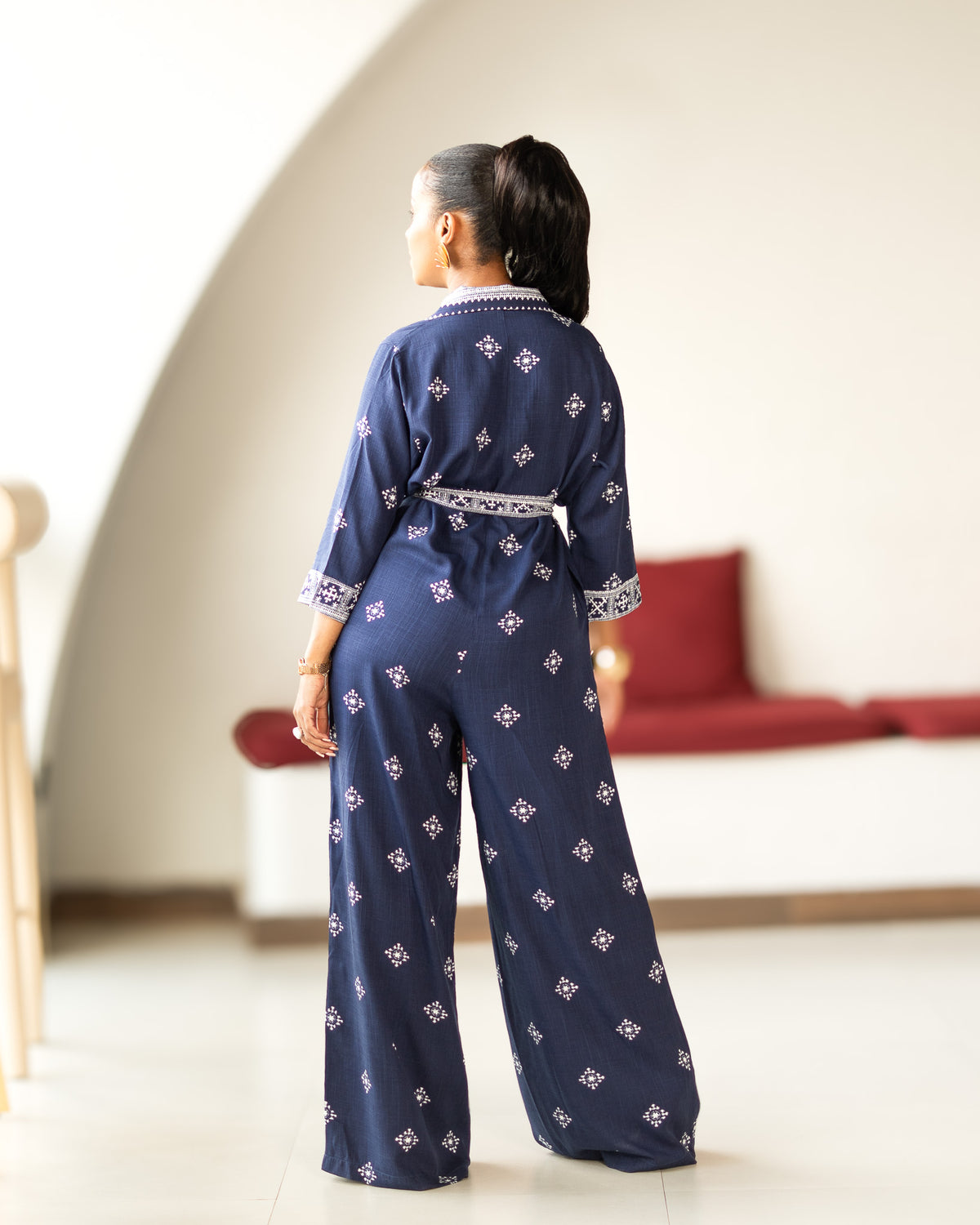 Wide Leg Belted Jumpsuit - Navy Medallion