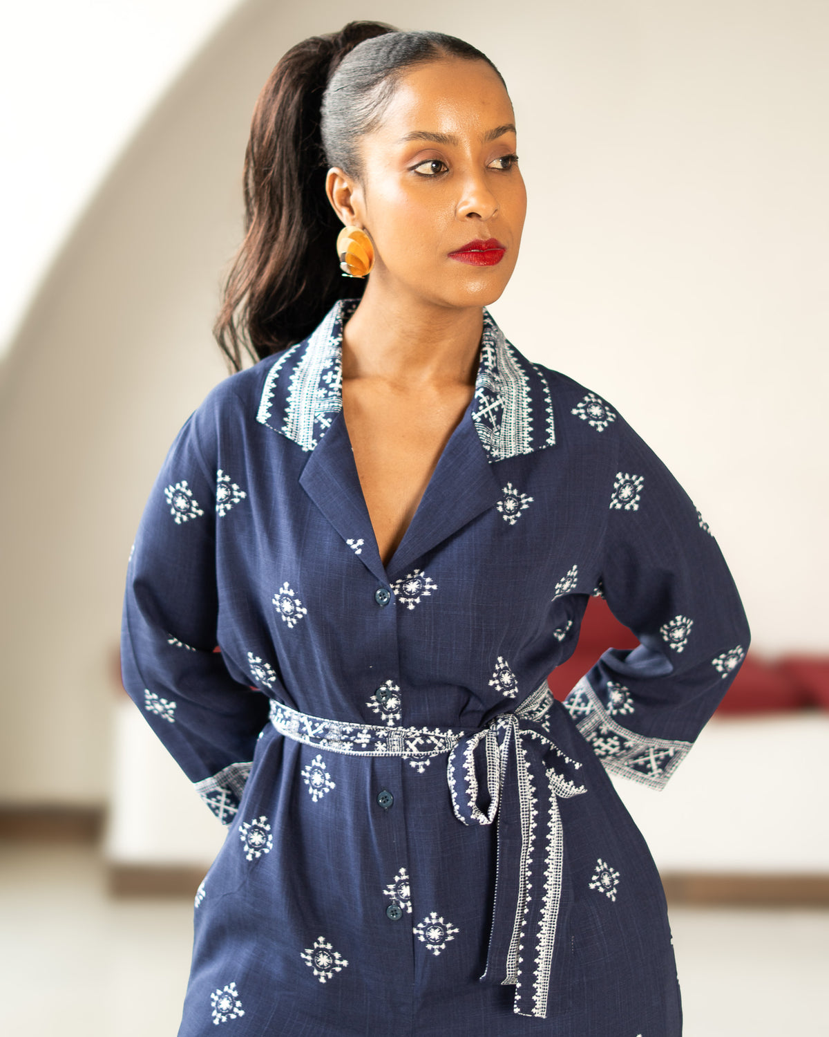 Wide Leg Belted Jumpsuit - Navy Medallion