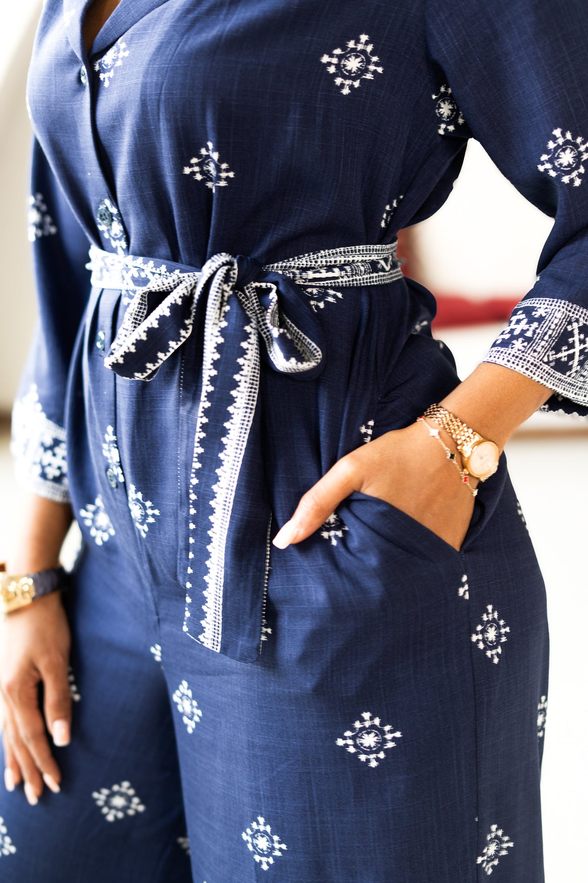 Wide Leg Belted Jumpsuit - Navy Medallion