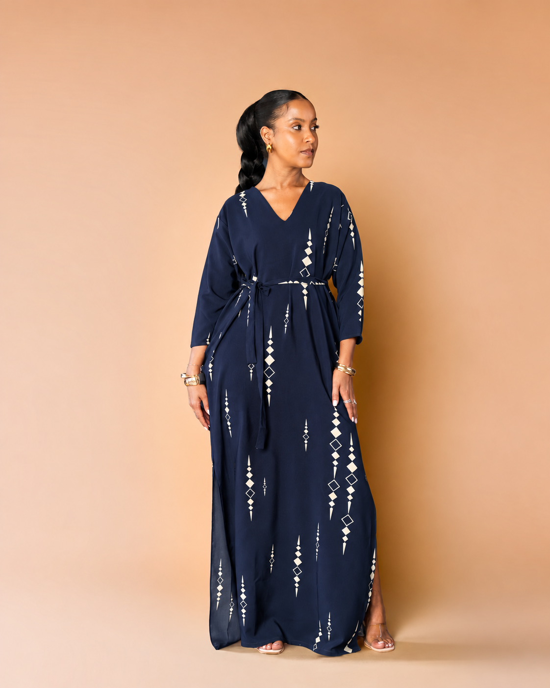 Belted Maxi Kaftan - Navy Blue Geometric