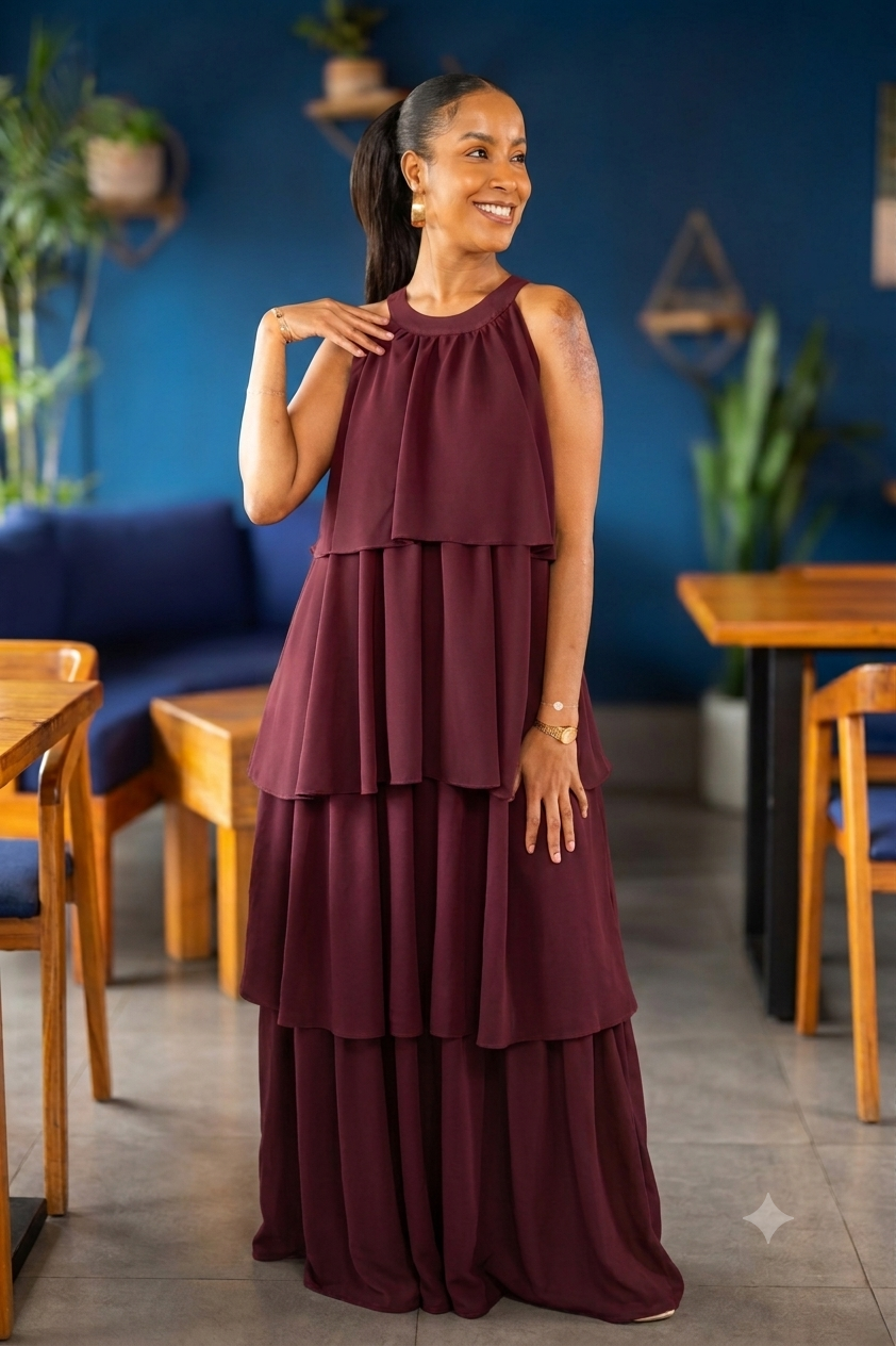 Layered Halter Maxi Dress - Mulberry