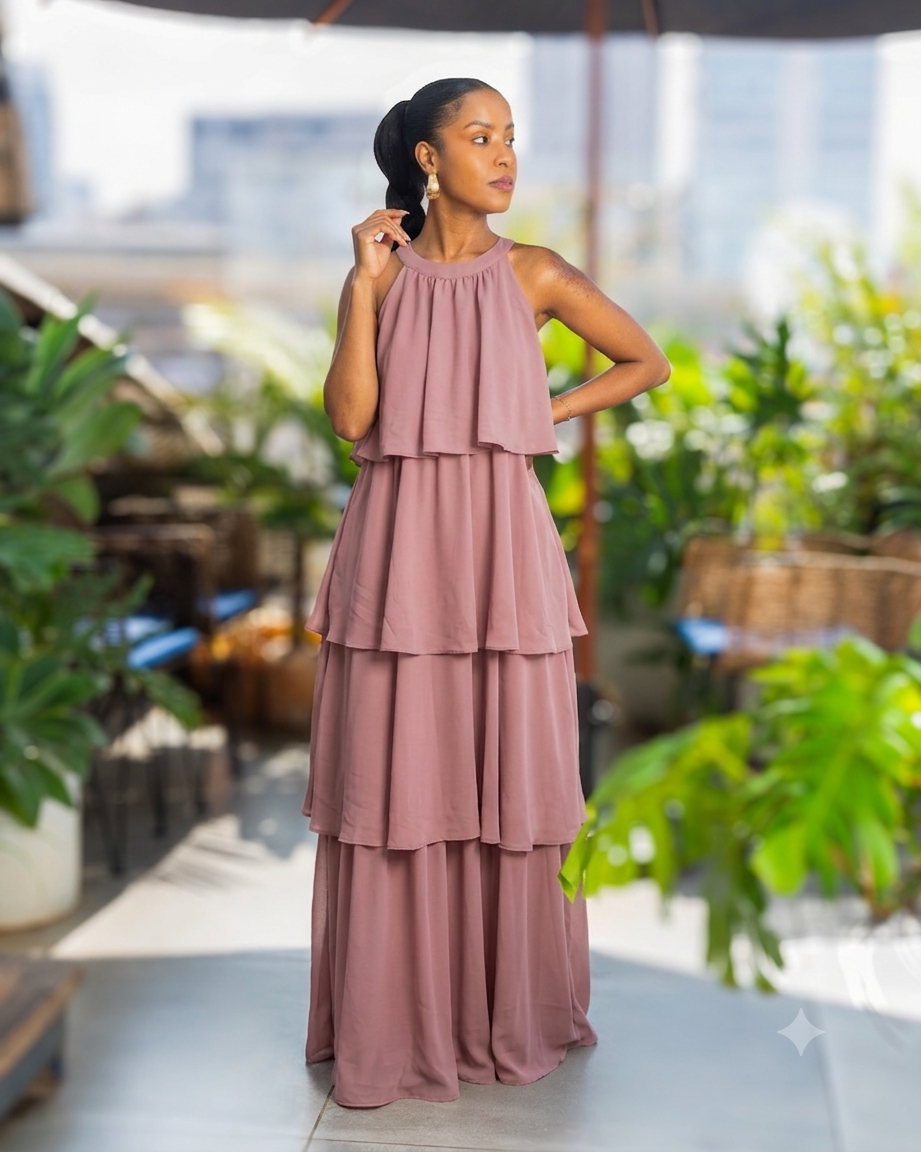Layered Halter Maxi Dress - Dusty Rose