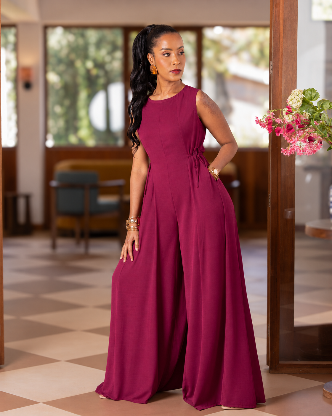 Flowy Side Tie Sleeveless Jumpsuit - Magenta