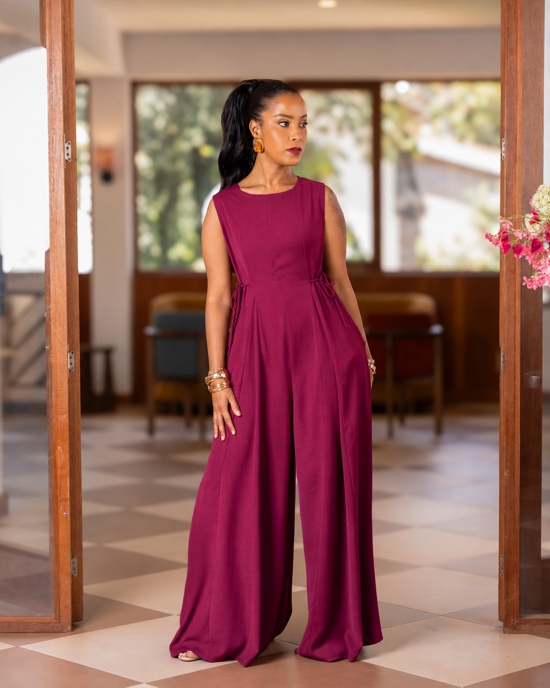 Flowy Side Tie Sleeveless Jumpsuit - Magenta