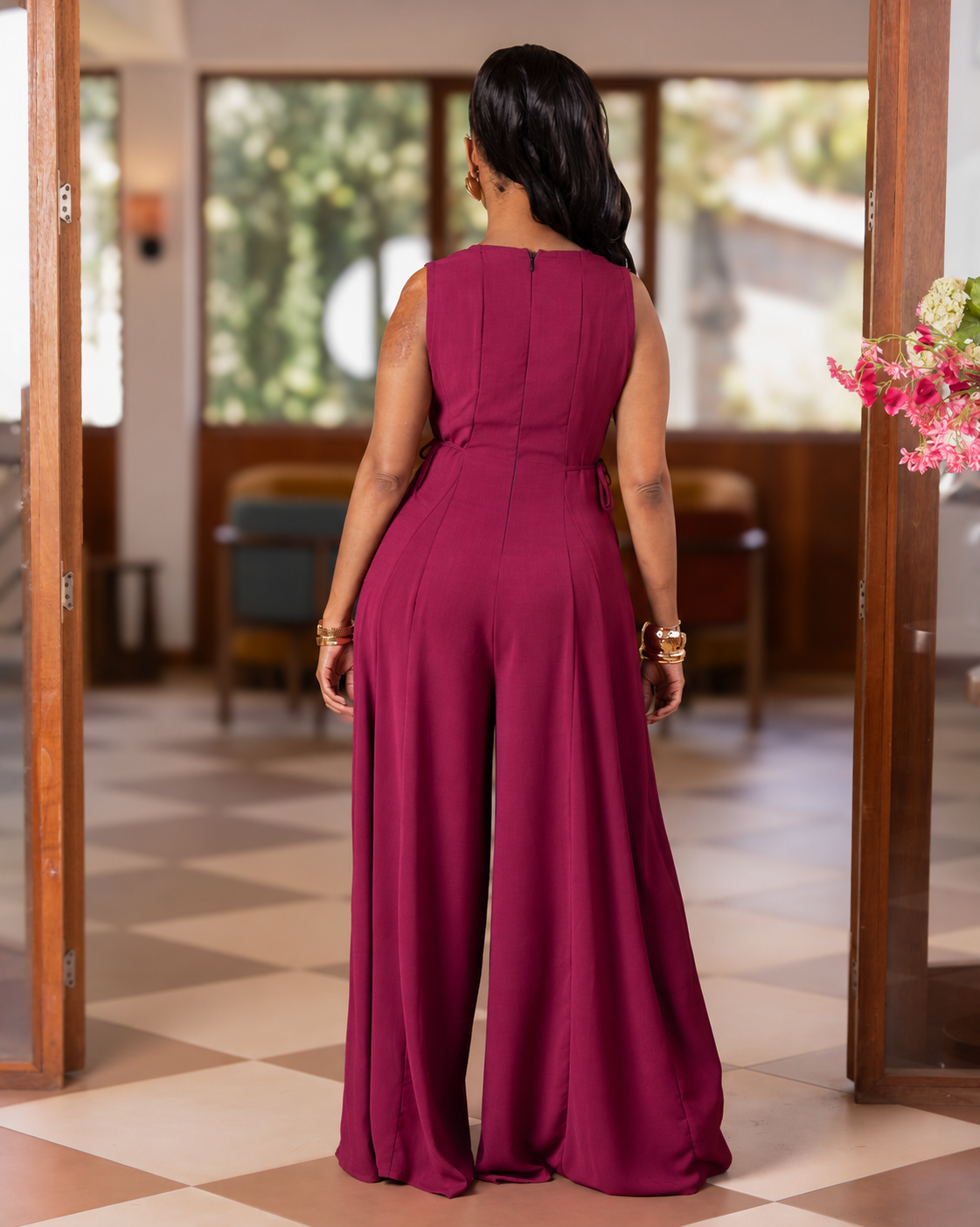 Flowy Side Tie Sleeveless Jumpsuit - Magenta