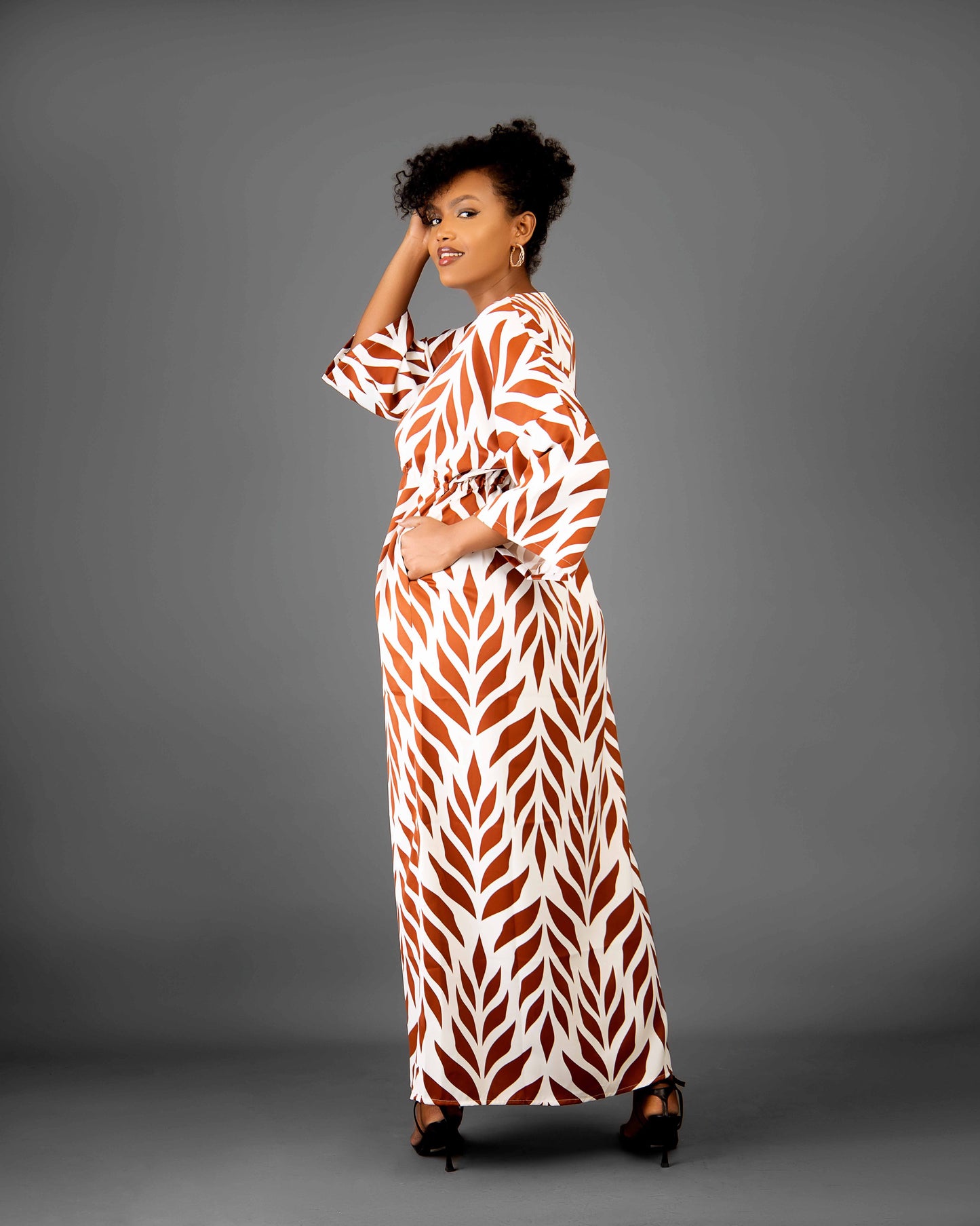 Brown Print Drawstring Kaftan