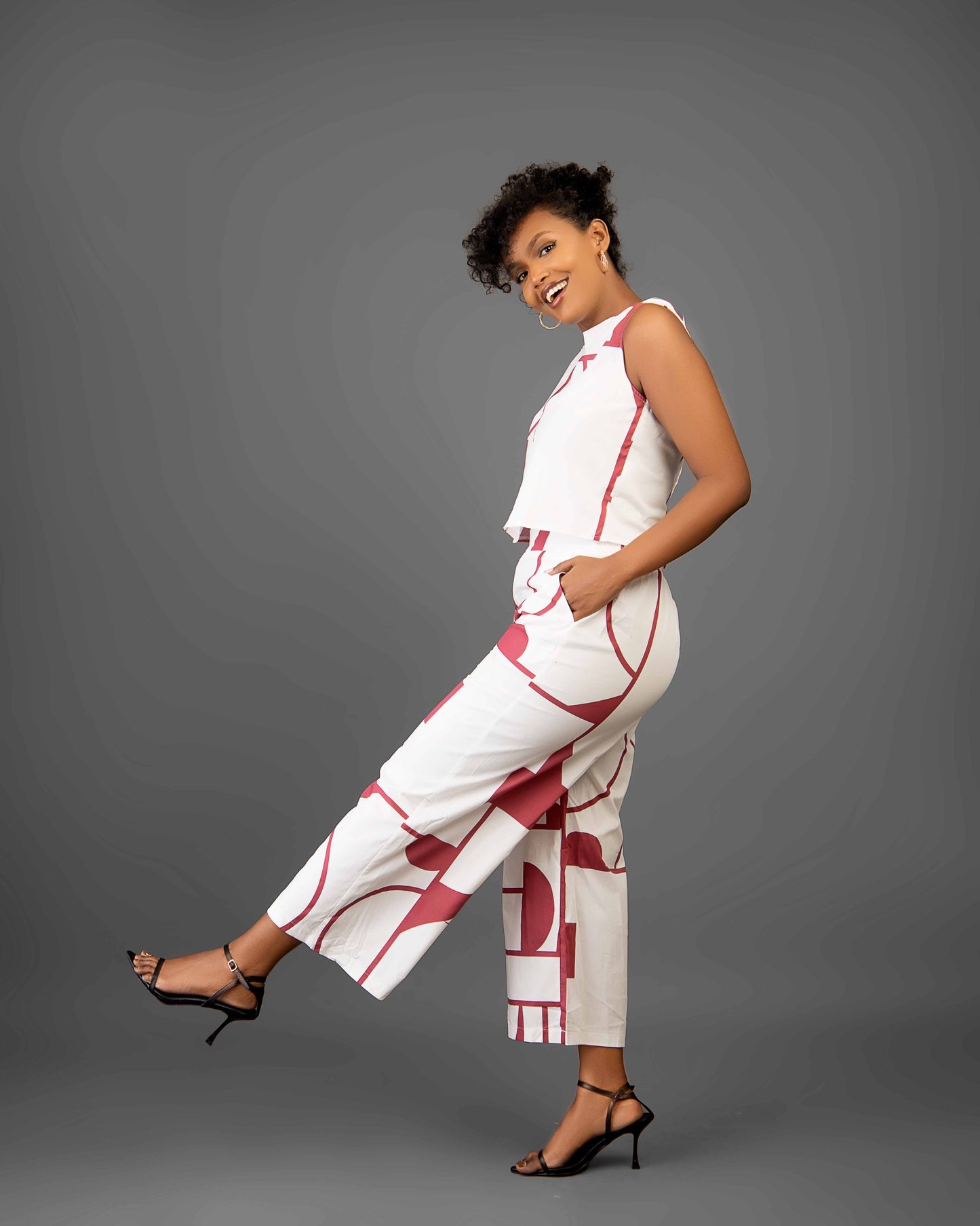 White Abstract Print Two Piece Pants Set