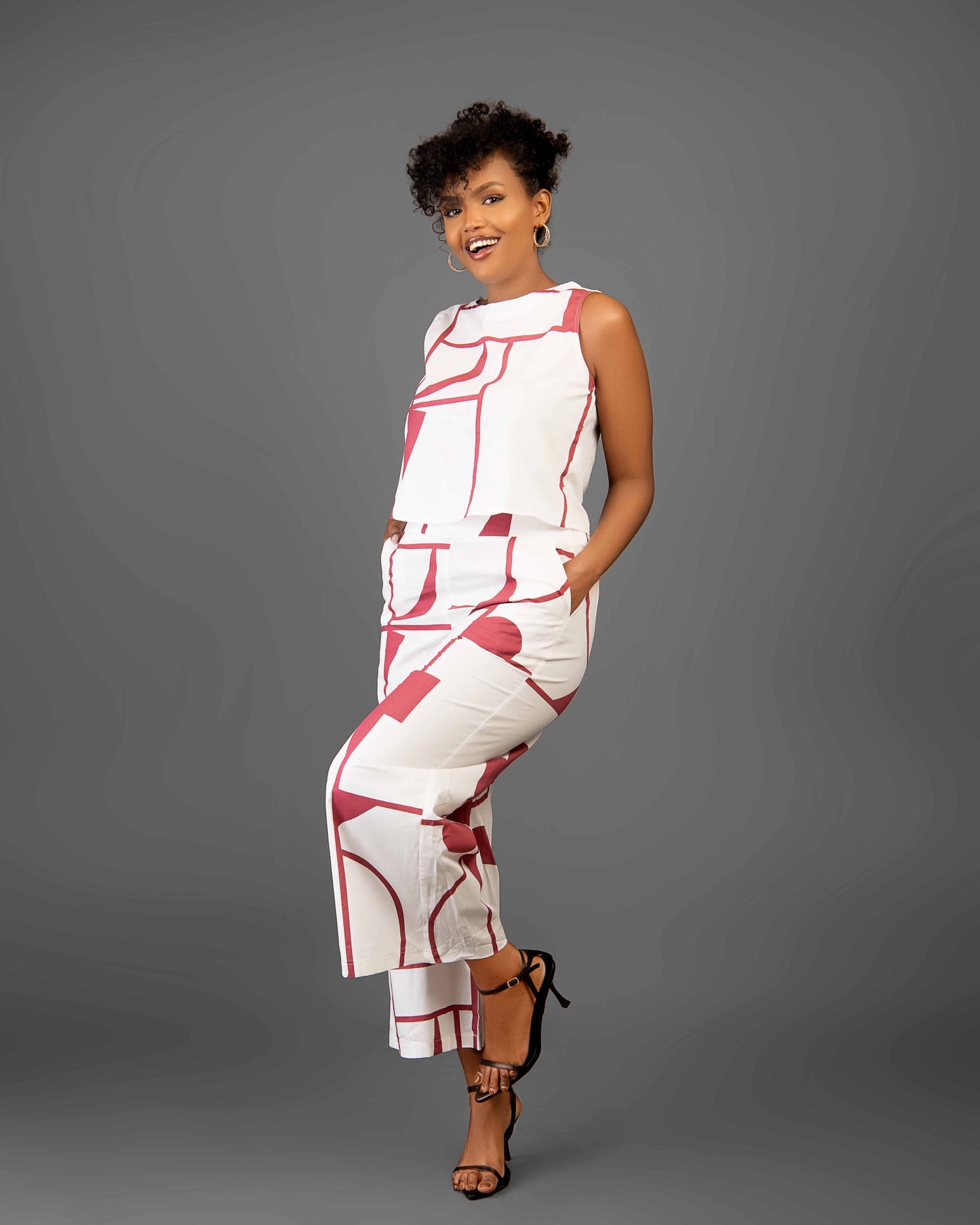 White Abstract Print Two Piece Pants Set