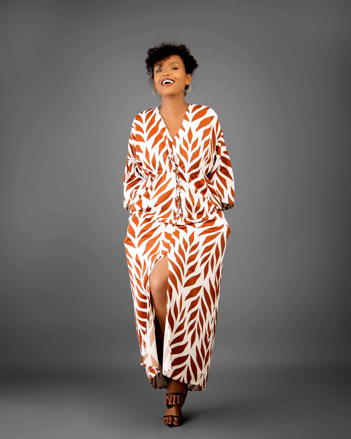 Brown Print Drawstring Kaftan