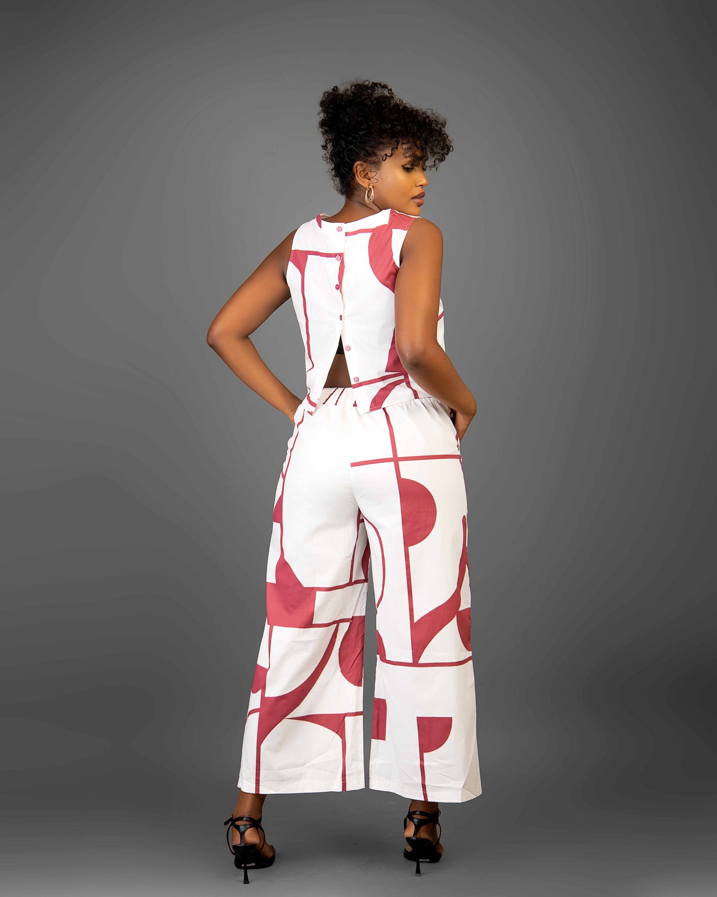 White Abstract Print Two Piece Pants Set