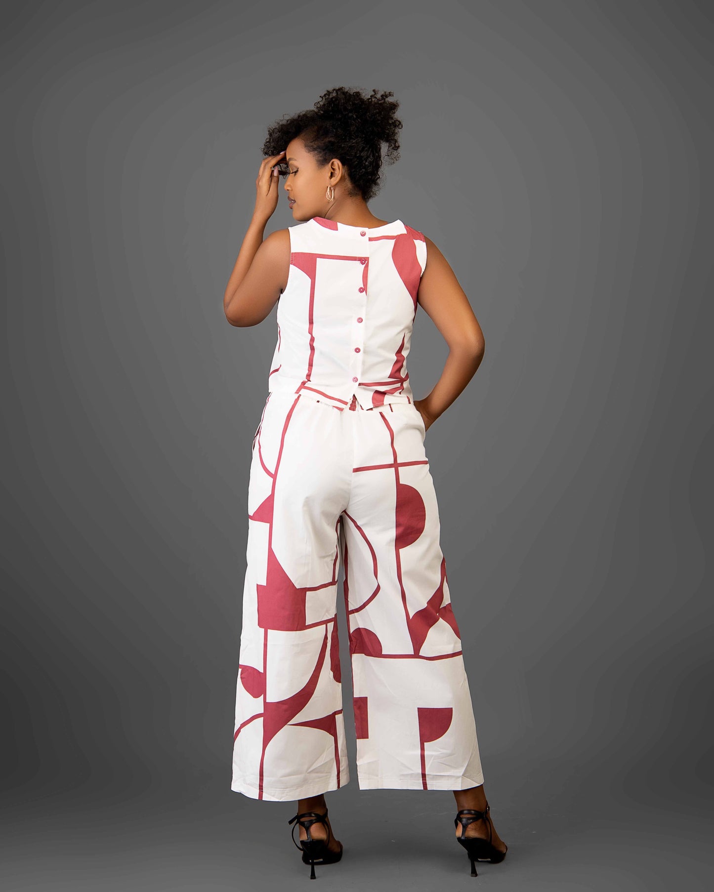 White Abstract Print Two Piece Pants Set